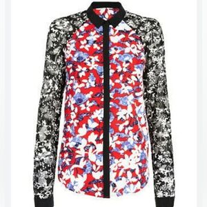 Peter Pilotto Red Floral Collared Shirt Black Lace Sleeves Button Down Medium